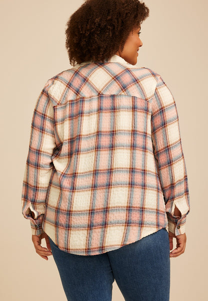Plus Size Pucker Plaid Button Down Shirt