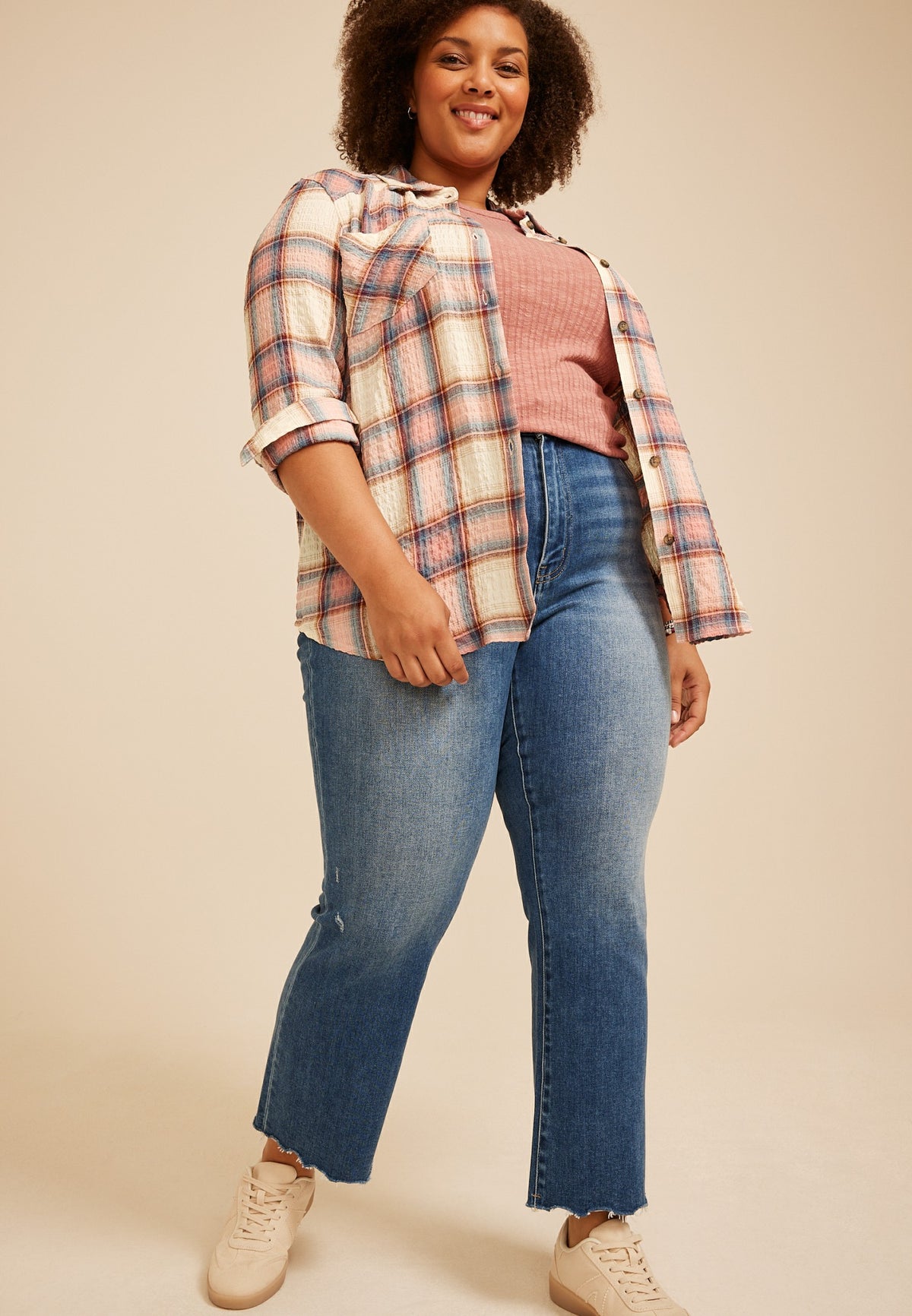 Plus Size Pucker Plaid Button Down Shirt