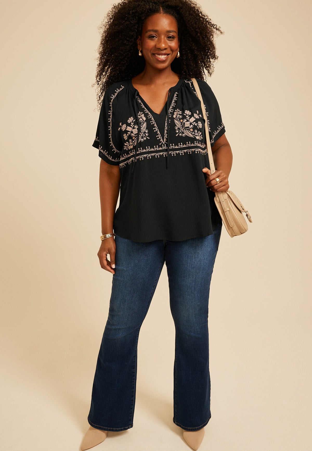 Plus Size Embroidered Tie Front Peasant Top