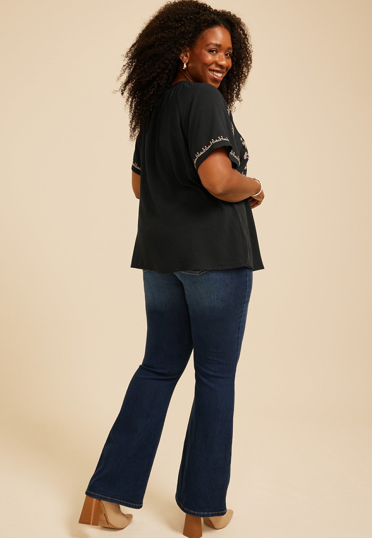 Plus Size Embroidered Tie Front Peasant Top