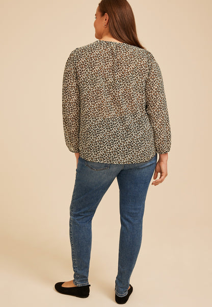 Plus Size Animal Chiffon Henley Blouse