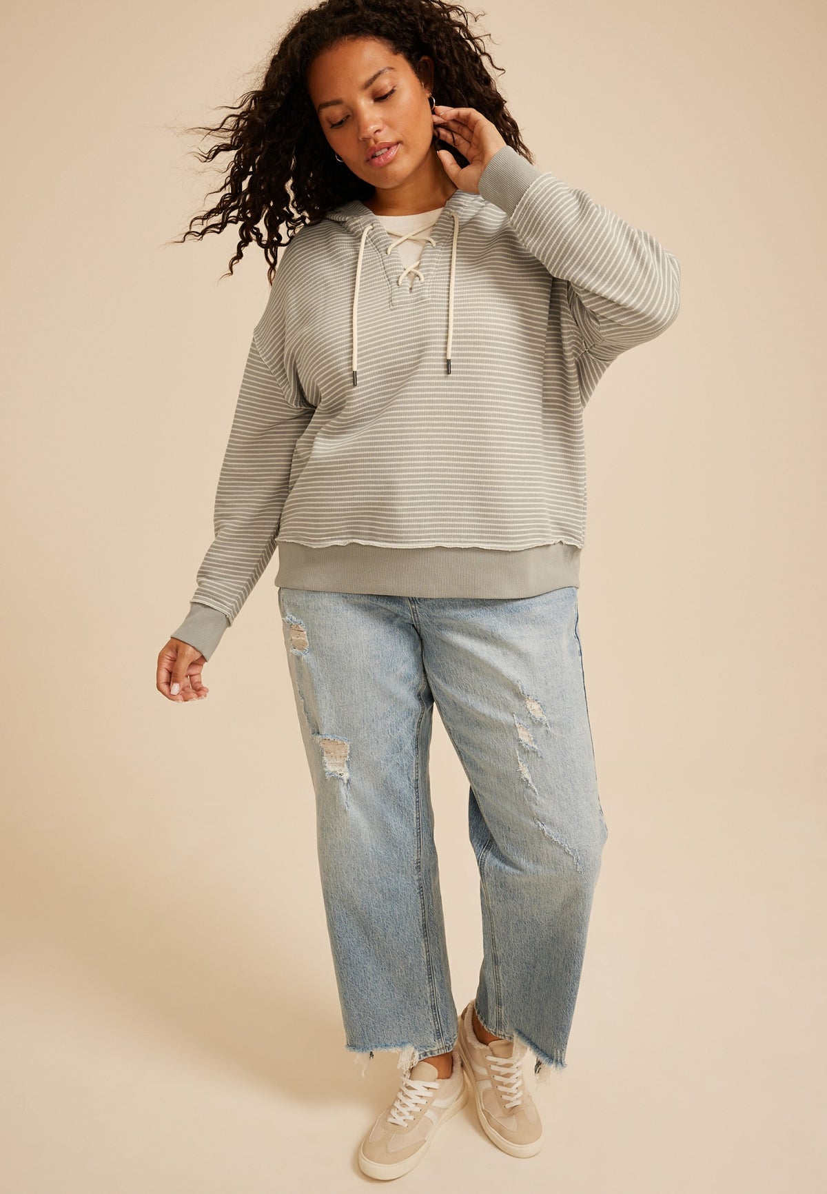 Plus Size Stripe Lace Up Tunic Hoodie
