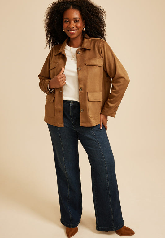 Plus Size Faux Suede Pocket Jacket