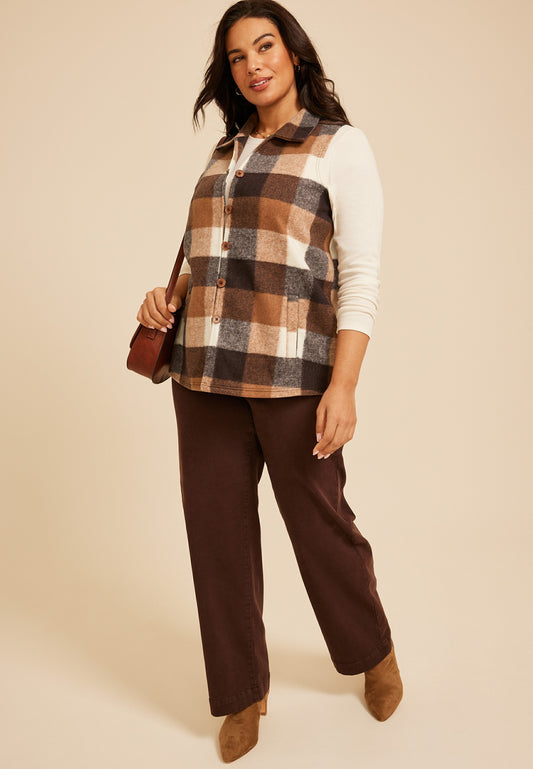 Plus Size Buffalo Plaid Button Front Vest