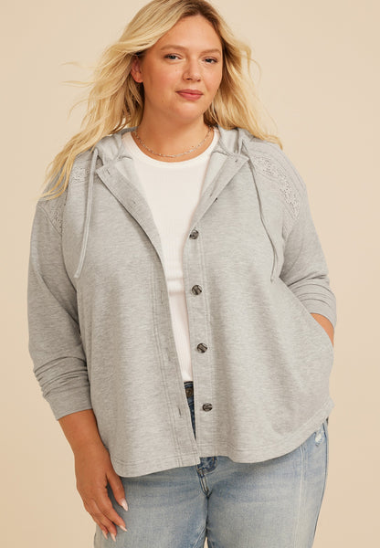 Plus Size Lace Shoulder Hooded Shacket