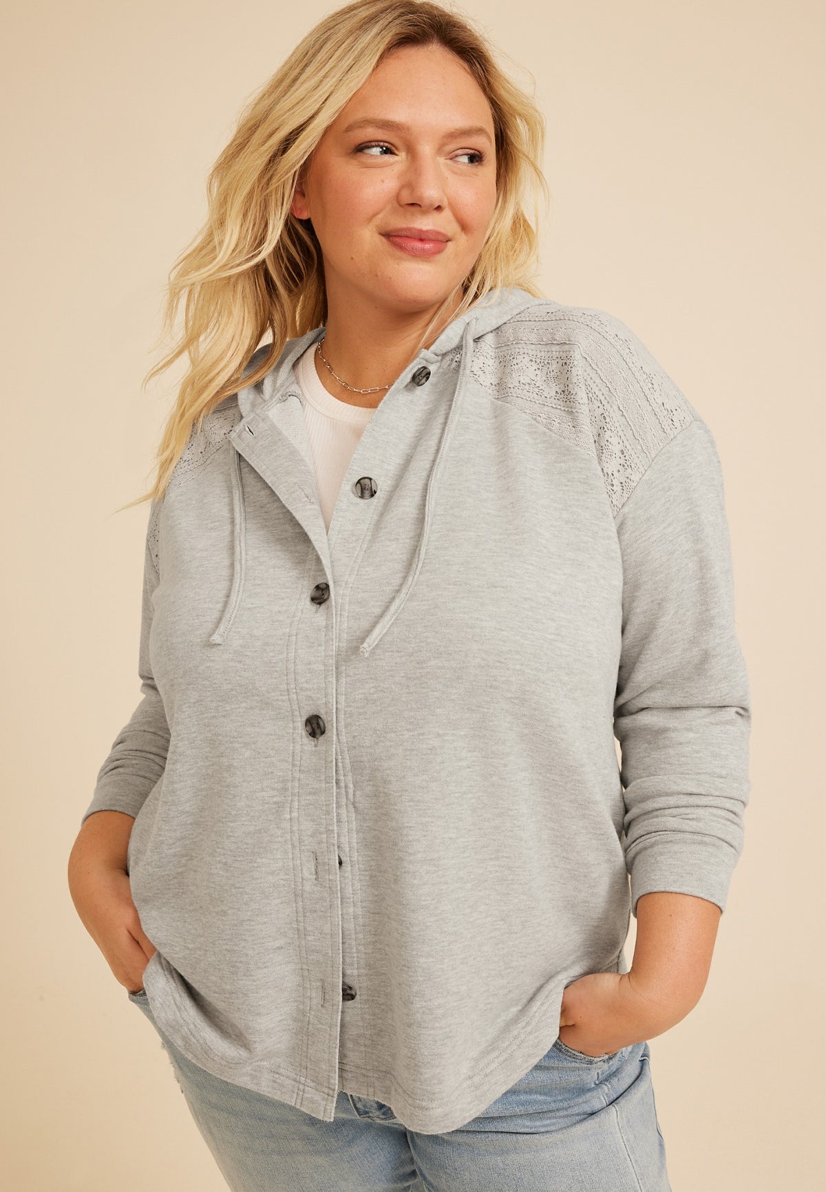 Plus Size Lace Shoulder Hooded Shacket