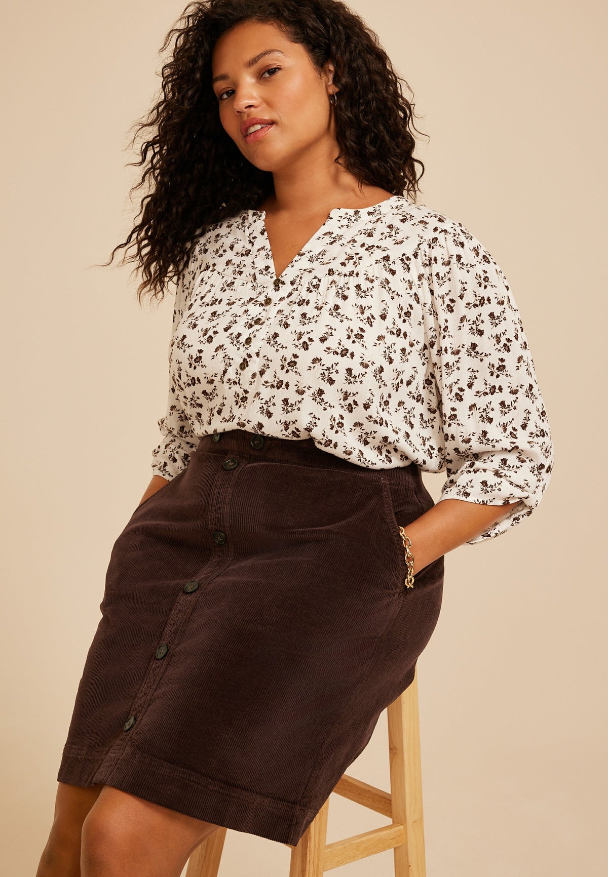 Plus Size High Rise Faux Button Front Corduroy Skirt