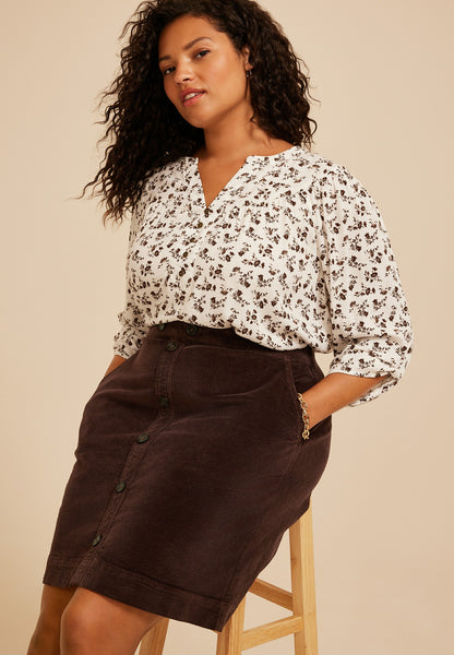 Plus Size High Rise Faux Button Front Corduroy Skirt