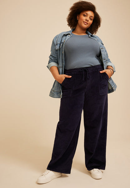 Plus Size Stretch Corduroy Pull On Wide Leg Pant