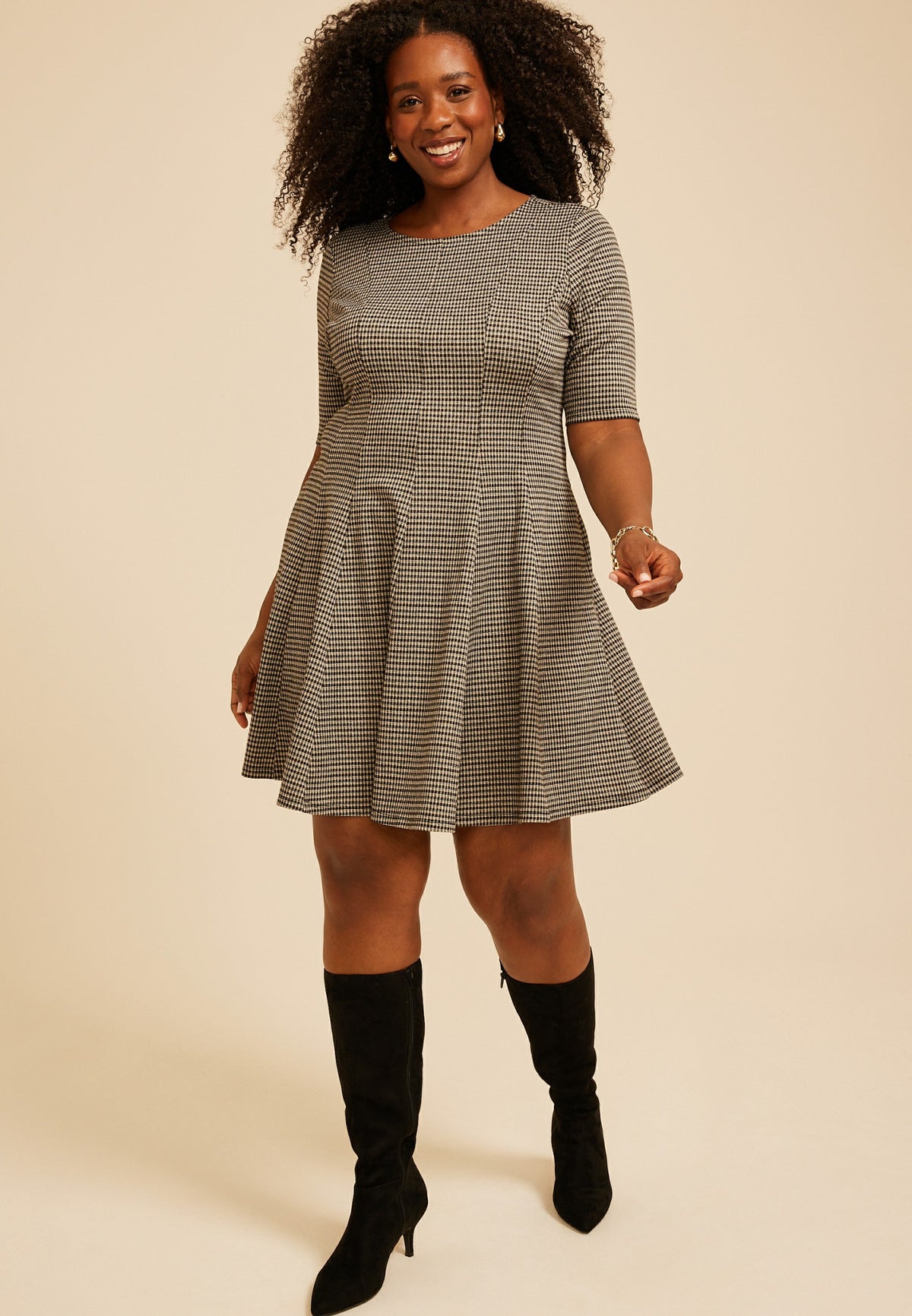 Plus Size Pleated Houndstooth Ponte Dress