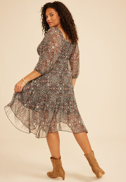 Plus Size Floral Mesh Hanky Hem Midi Dress