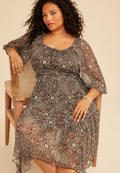 Plus Size Floral Mesh Hanky Hem Midi Dress