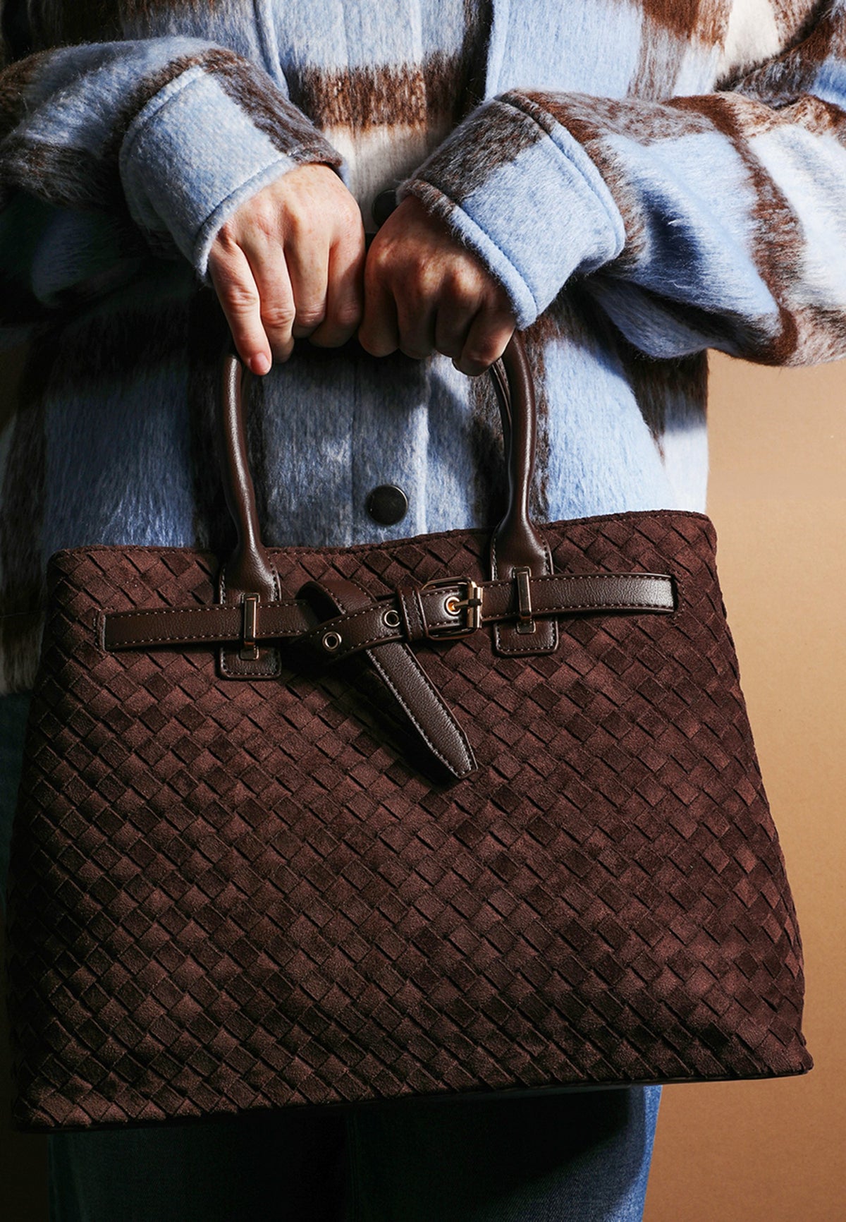 Brown Woven Faux Suede Crossbody Bag