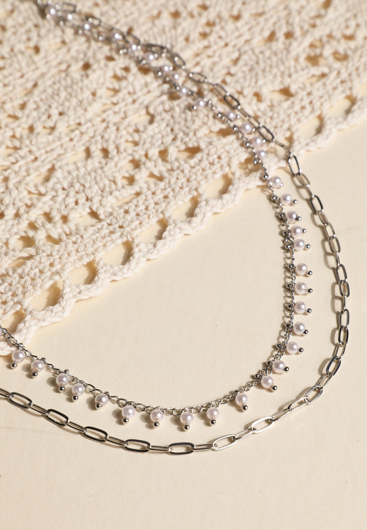 Silver Pearl Layered Chain Necklace