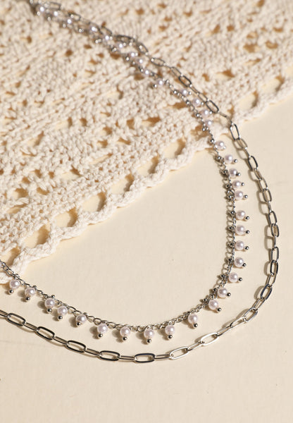 Silver Pearl Layered Chain Necklace