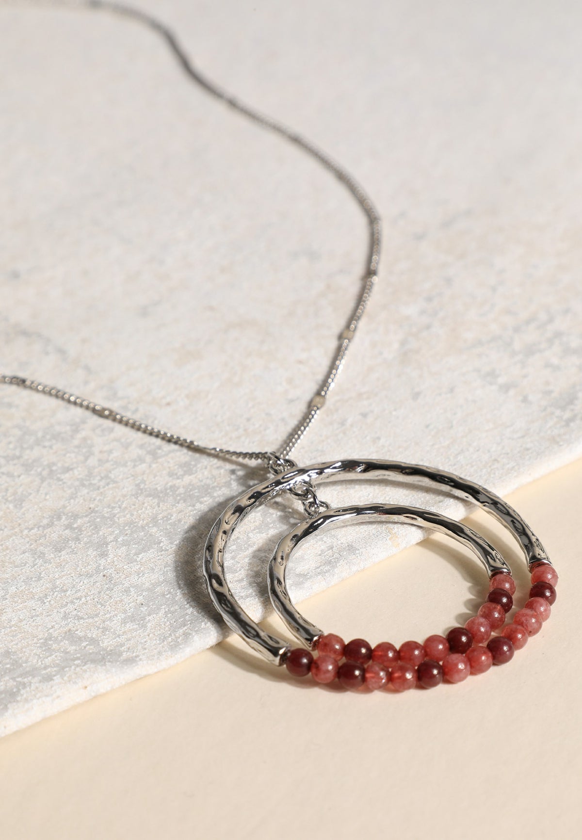 Silver Double Circle Stone Pendant Necklace