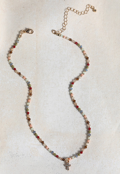 Gold Mini Beaded Cross Necklace