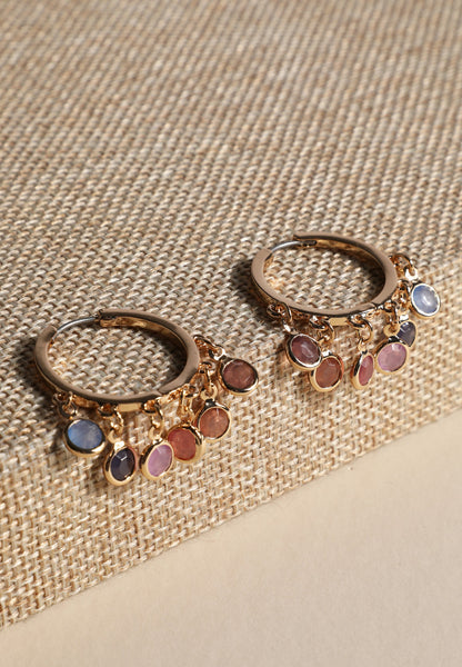 Gold Multicolor Stone Charm Hoop Earrings