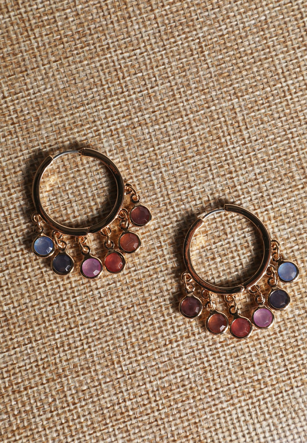 Gold Multicolor Stone Charm Hoop Earrings