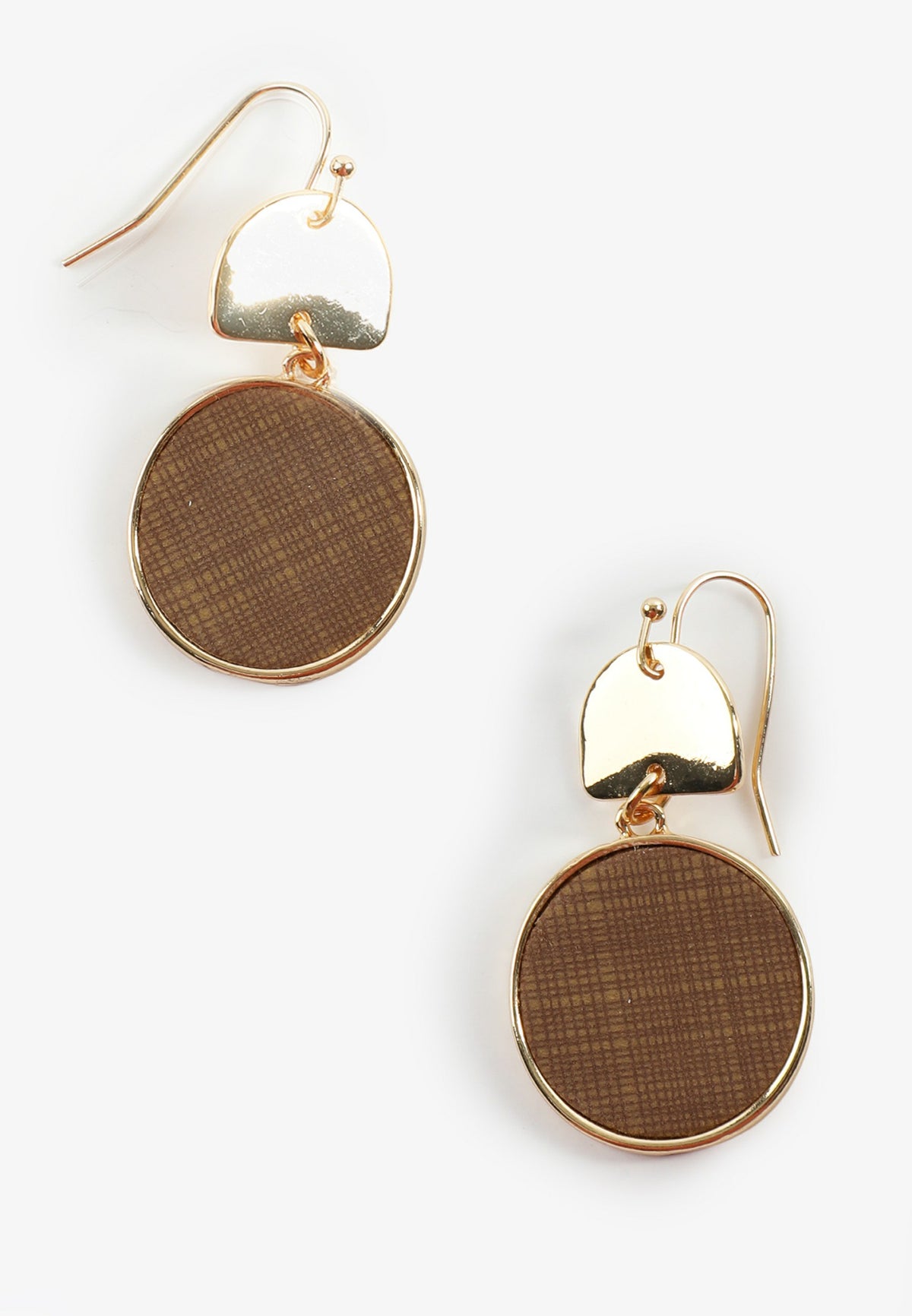 Gold Faux Leather Disc Drop Earrings