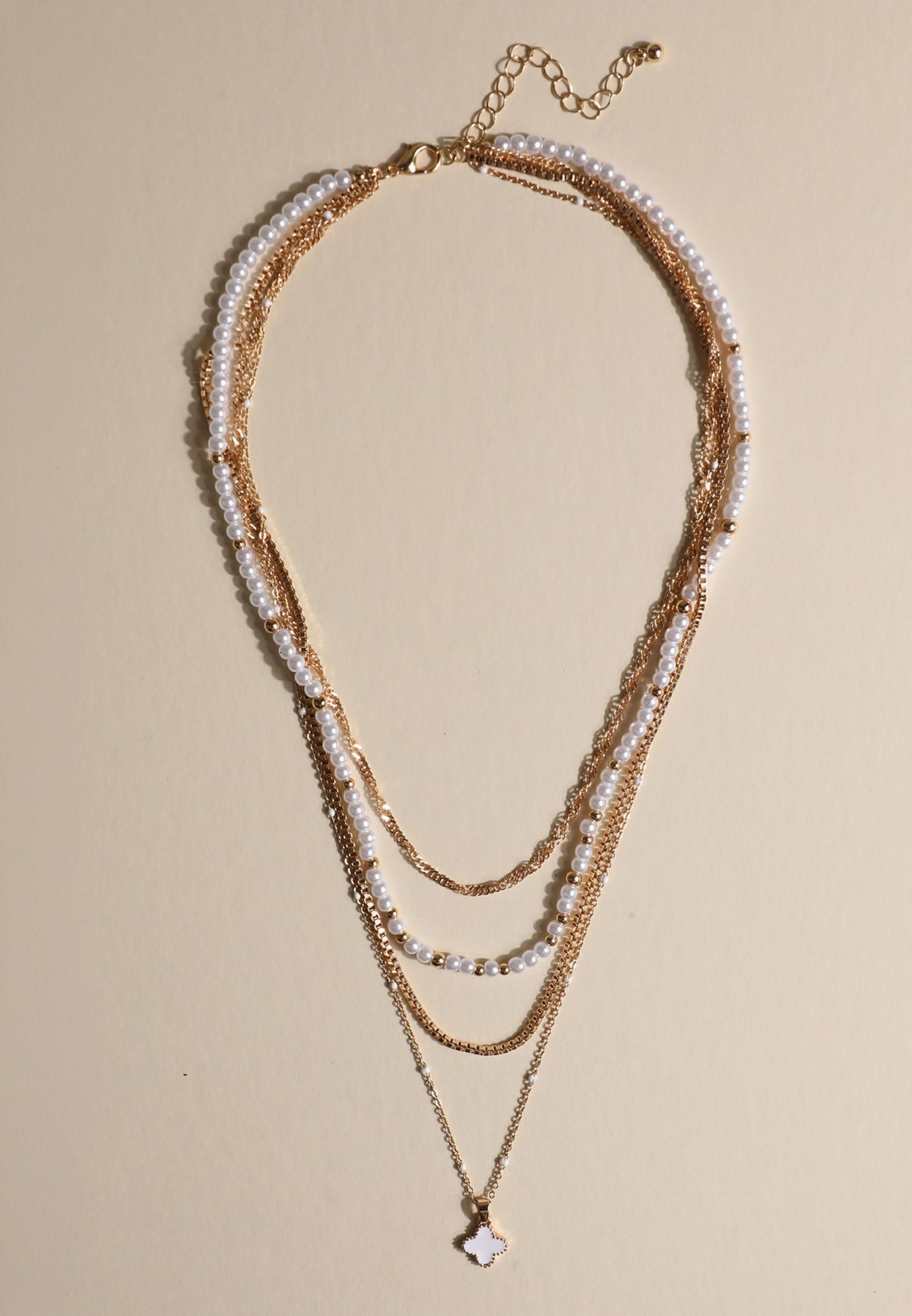Faux Pearl Clover Charm Layered Necklace