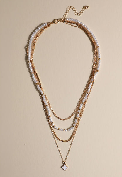 Faux Pearl Clover Charm Layered Necklace
