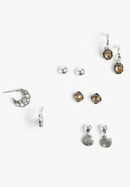 Silver And Brown Mixed Earring Set