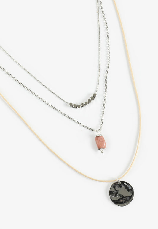 Silver Hammered Disc Triple Layered Necklace