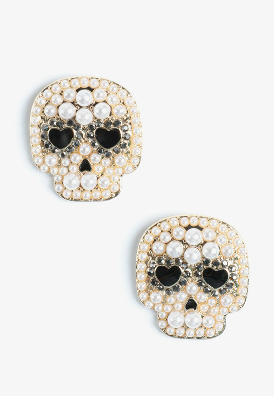 Pearl Embellished Skull Stud Earrings