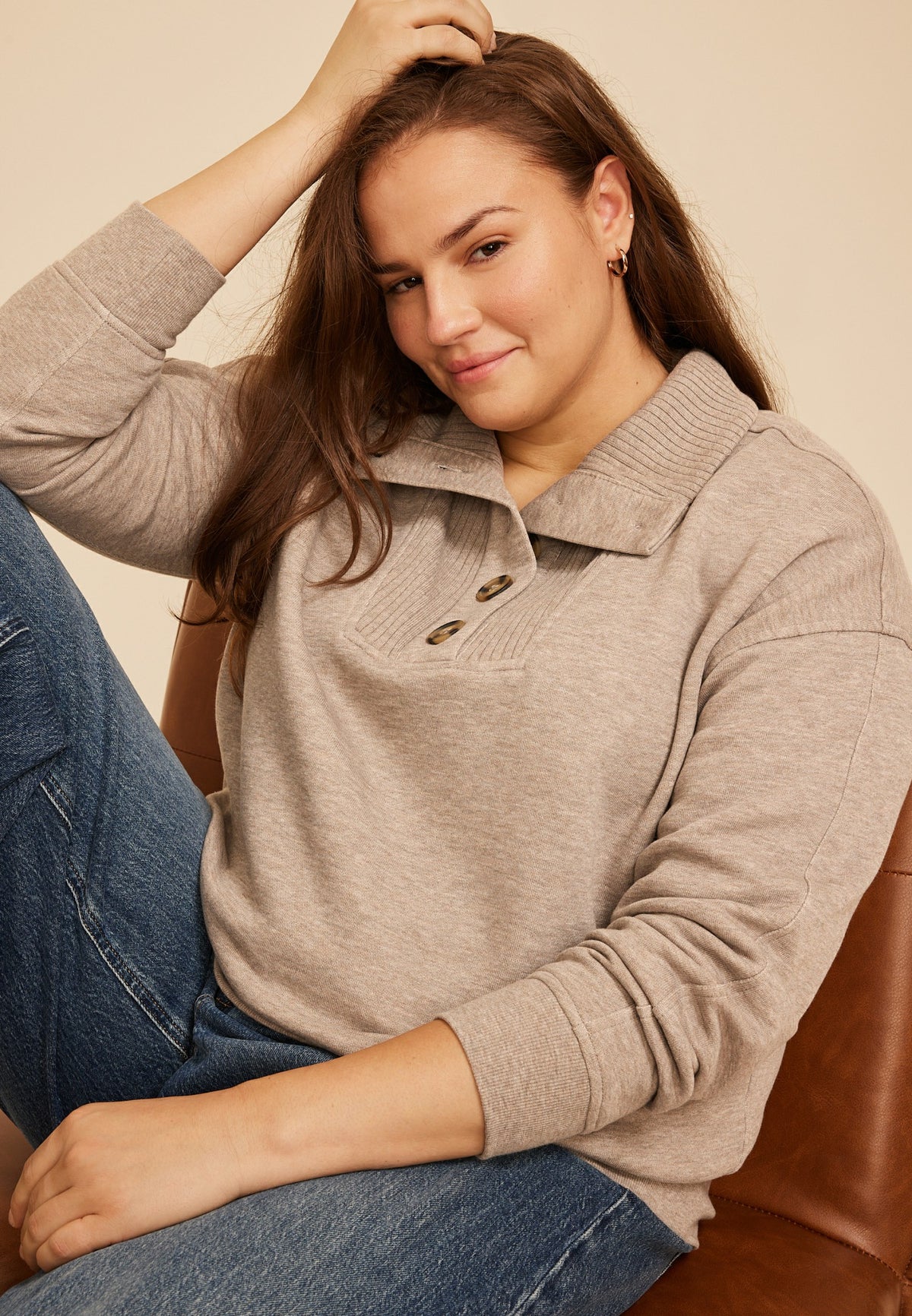 Plus Size Quarter Button Front Collared Sweatshirt