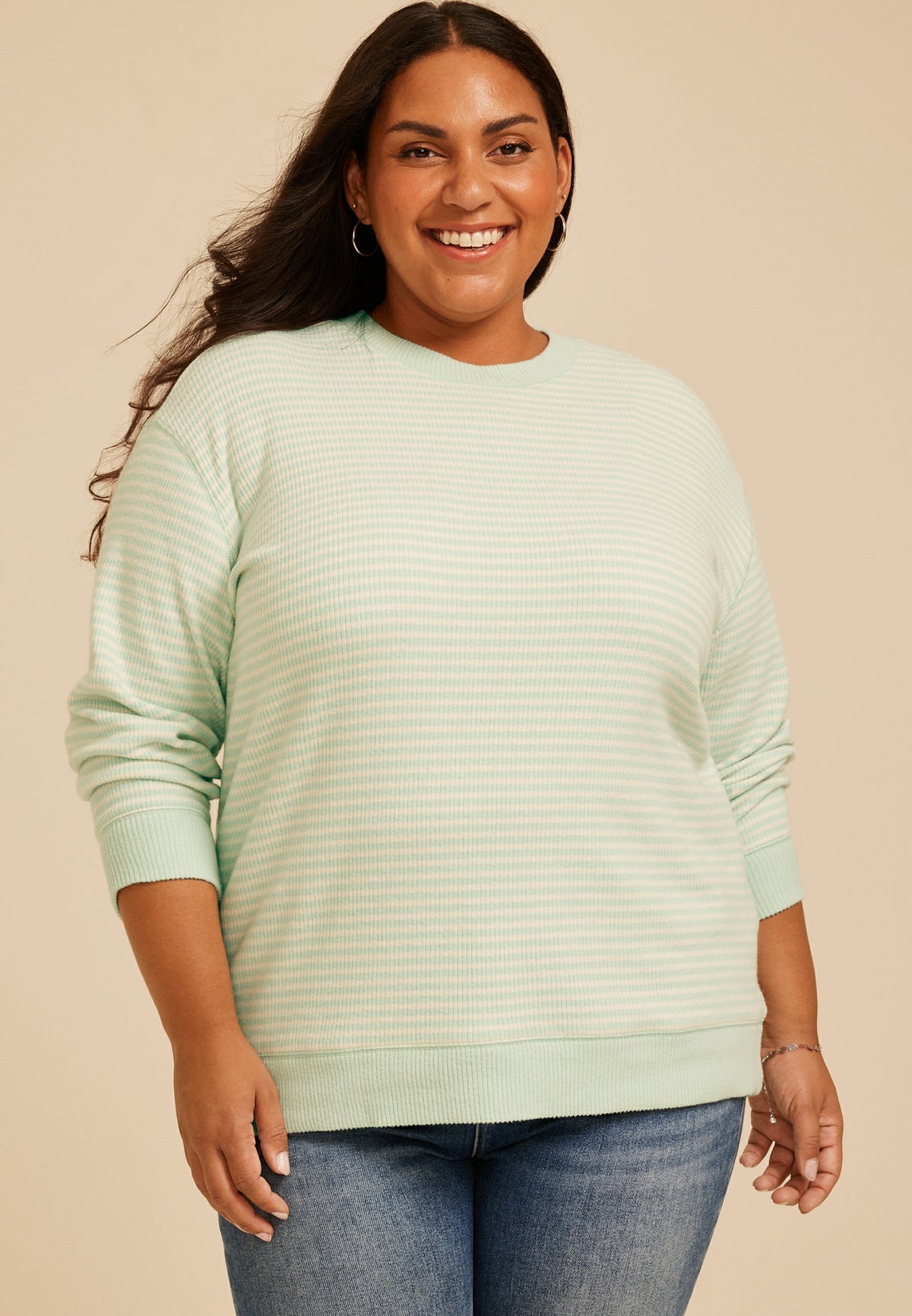 Plus Size Stripe Waffle Knit Sweatshirt