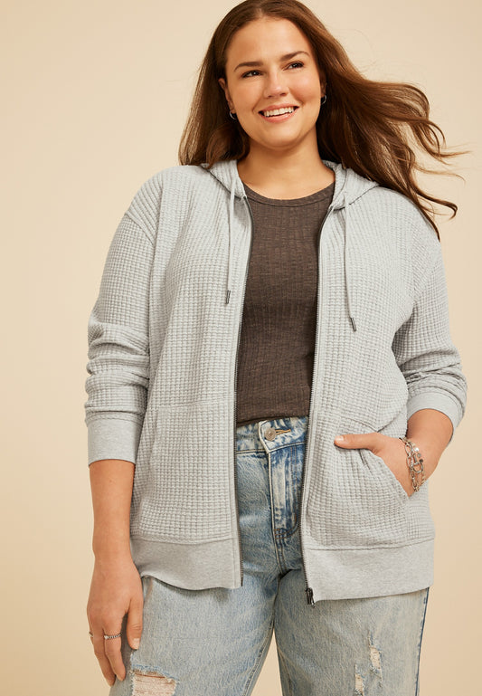 Plus Size Waffle Knit Zip Front Hoodie