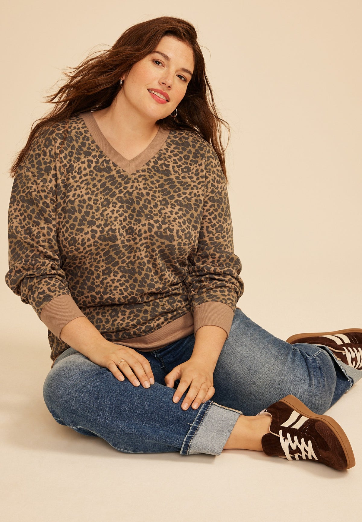 Plus Size Washed Terry V Neck Sweatshirt