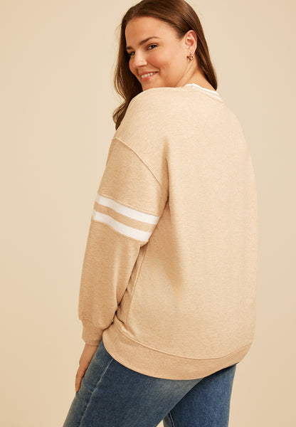 Plus Size Heathered Varsity Stripe Crew Neck Sweatshirt