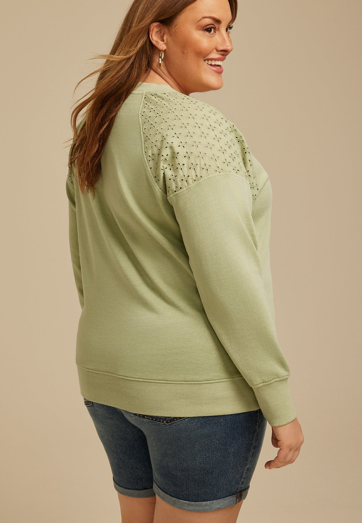 Plus Size Eyelet Shoulder Relaxed Fit Sweatshirt