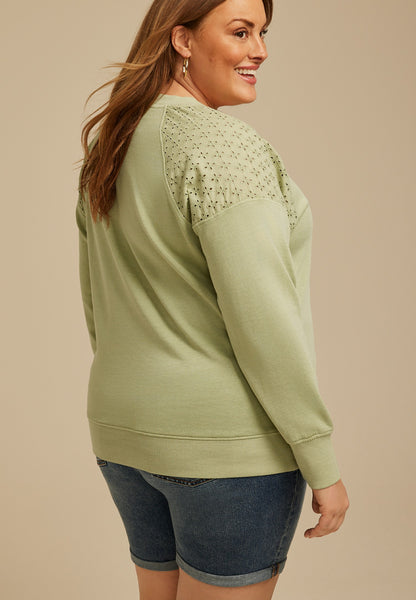 Plus Size Eyelet Shoulder Relaxed Fit Sweatshirt