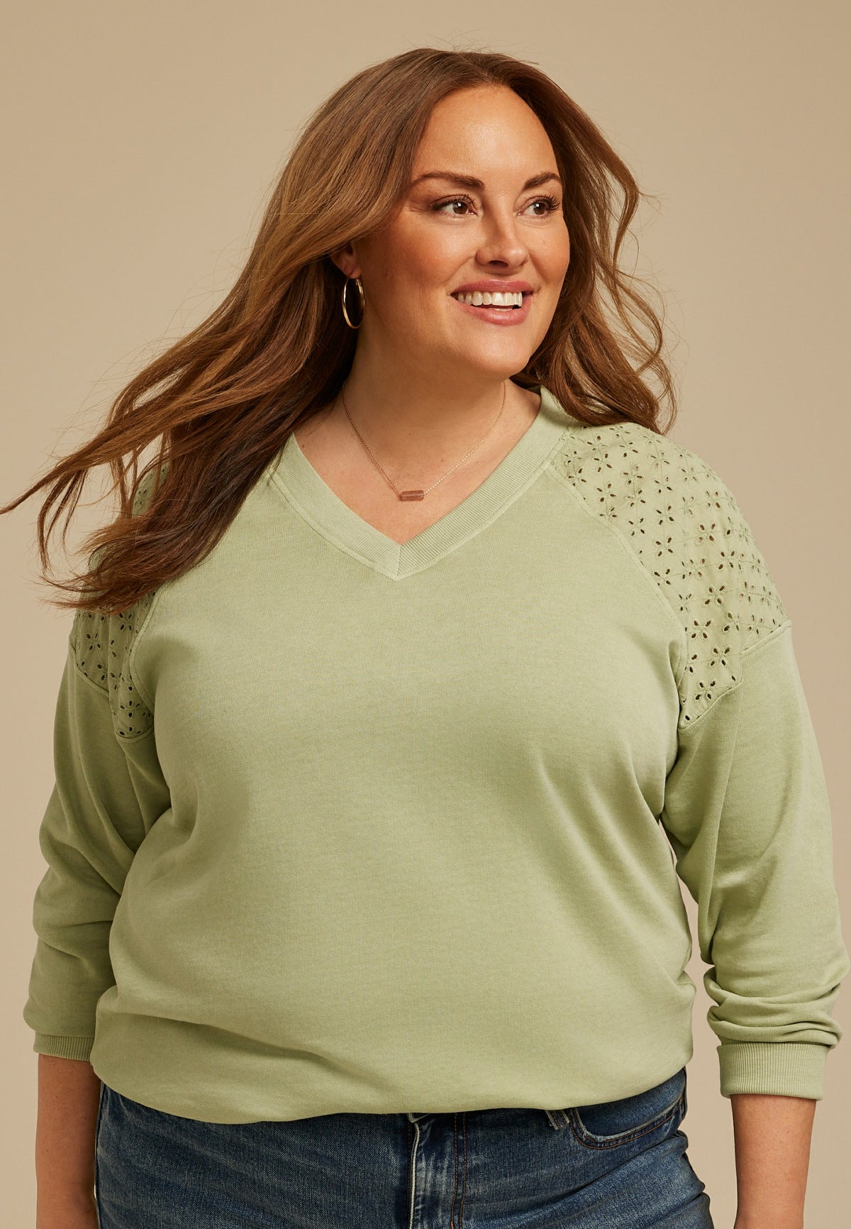 Plus Size Eyelet Shoulder Relaxed Fit Sweatshirt
