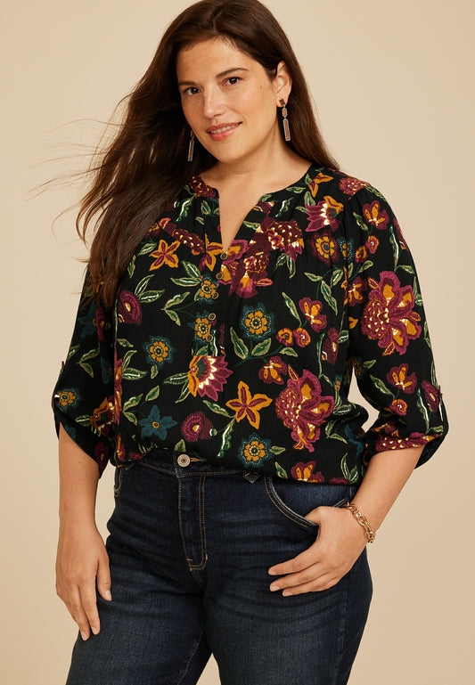 Plus Size Floral Henley Blouse