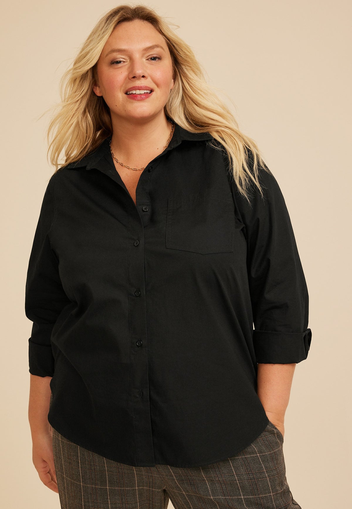 Plus Size Black Button Down Poplin Shirt