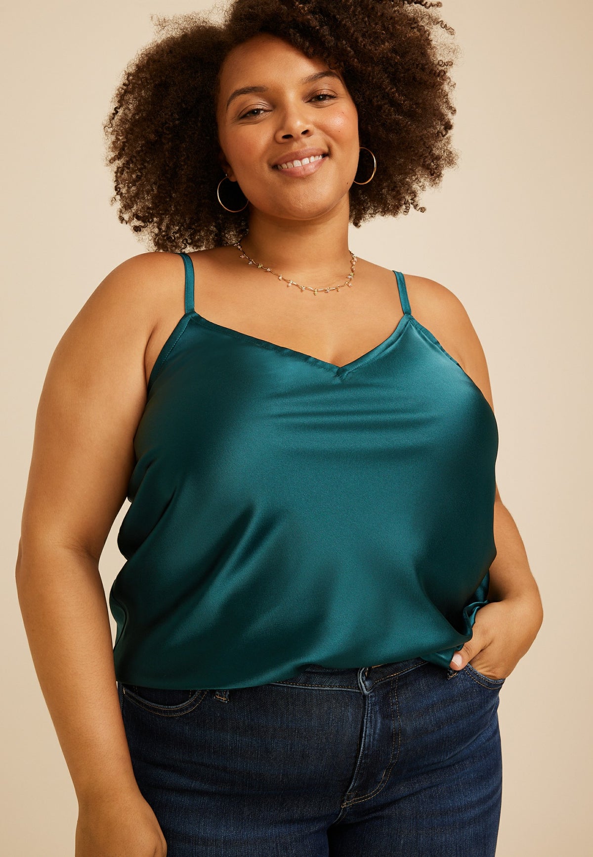 Plus Size Satin V Neck Cami Tank Top