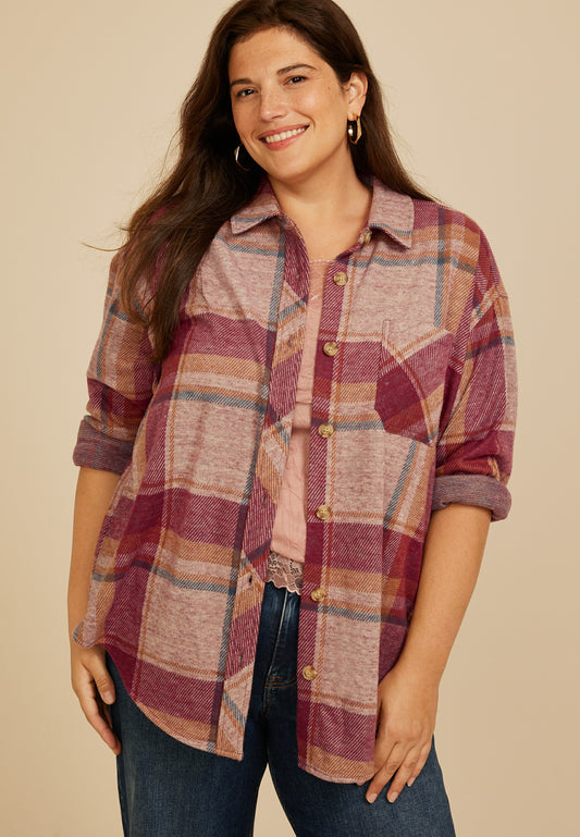 Plus Size Knit Jacquard Plaid Button Front Shirt