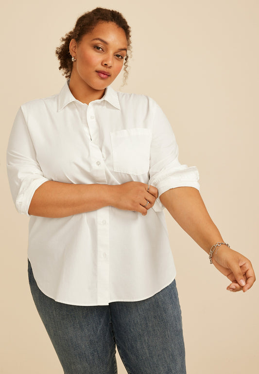 Plus Size White Button Front Poplin Shirt