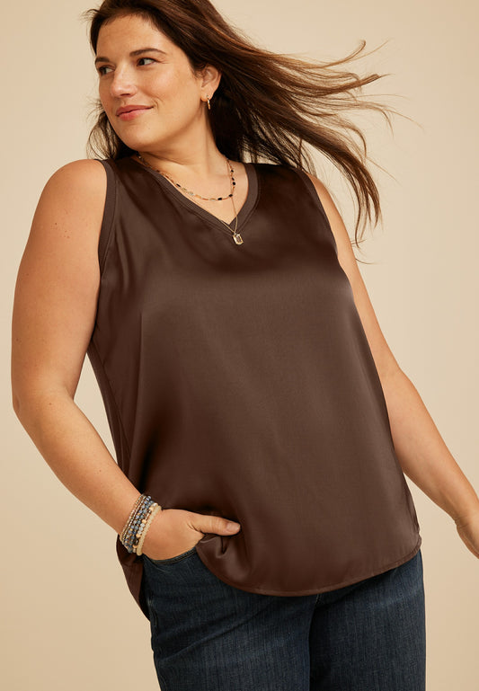 Plus Size Satin Front V Neck Tank Top