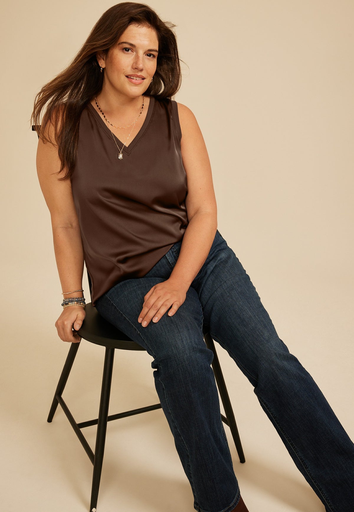 Plus Size Satin Front V Neck Tank Top