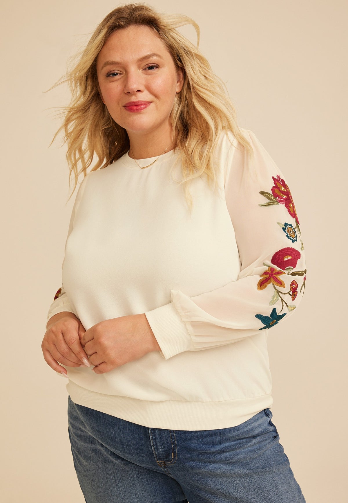 Plus Size Floral Embroidered Sleeve Blouse