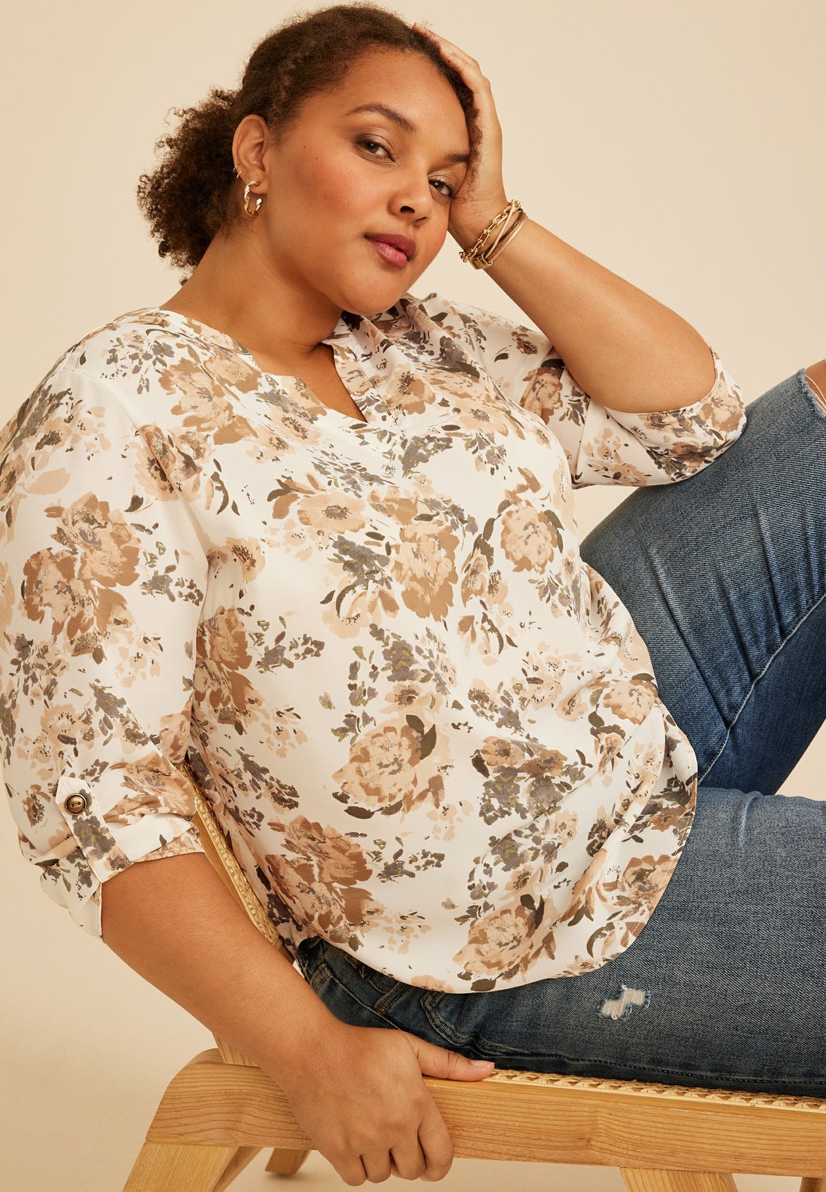 Plus Size Atwood Floral 3/4 Sleeve Popover Blouse