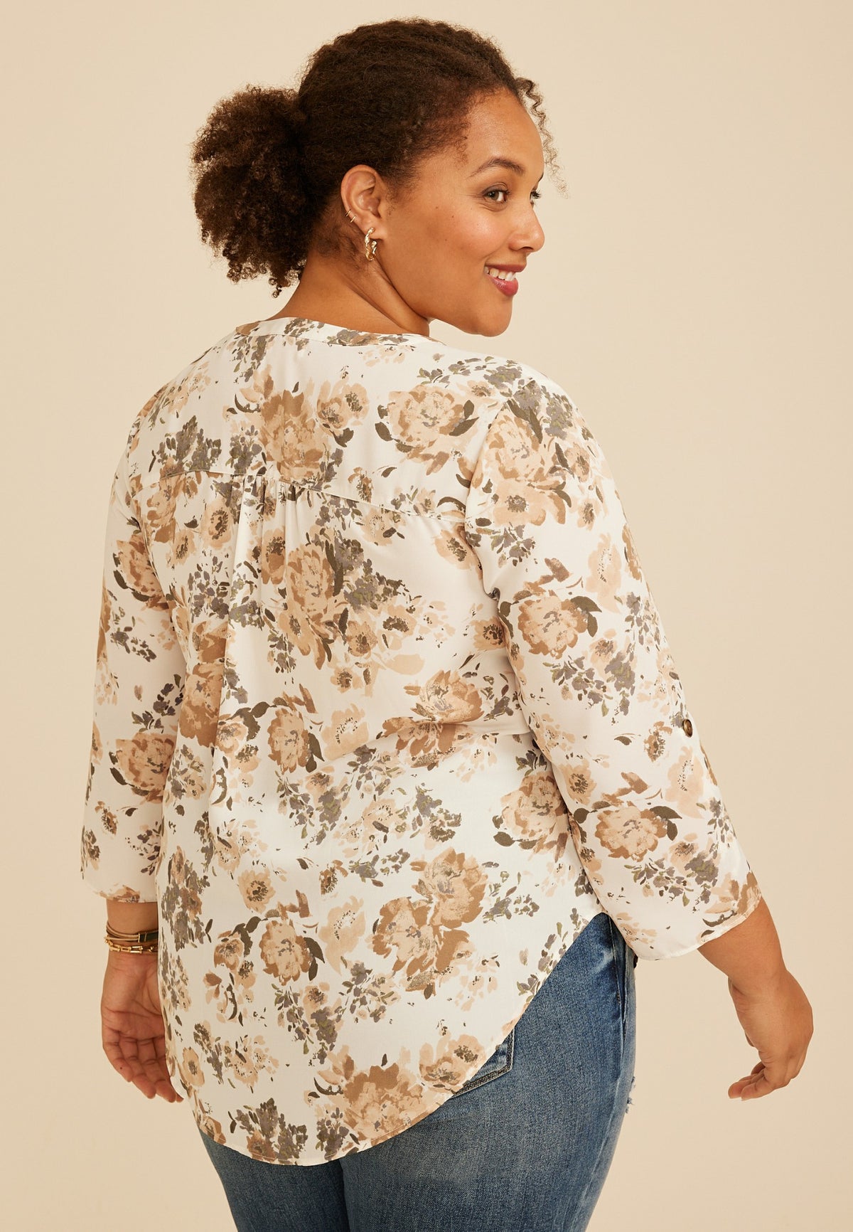 Plus Size Atwood Floral 3/4 Sleeve Popover Blouse
