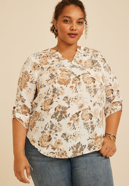 Plus Size Atwood Floral 3/4 Sleeve Popover Blouse