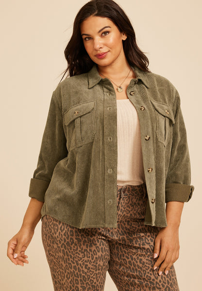 Plus Size Olive Green Corduroy Utility Shacket
