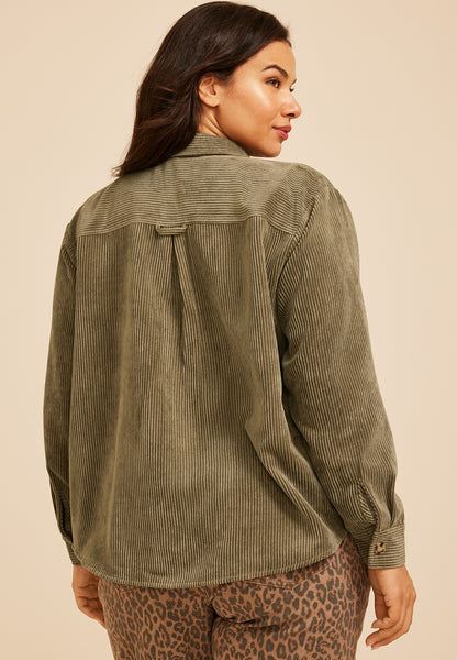 Plus Size Olive Green Corduroy Utility Shacket